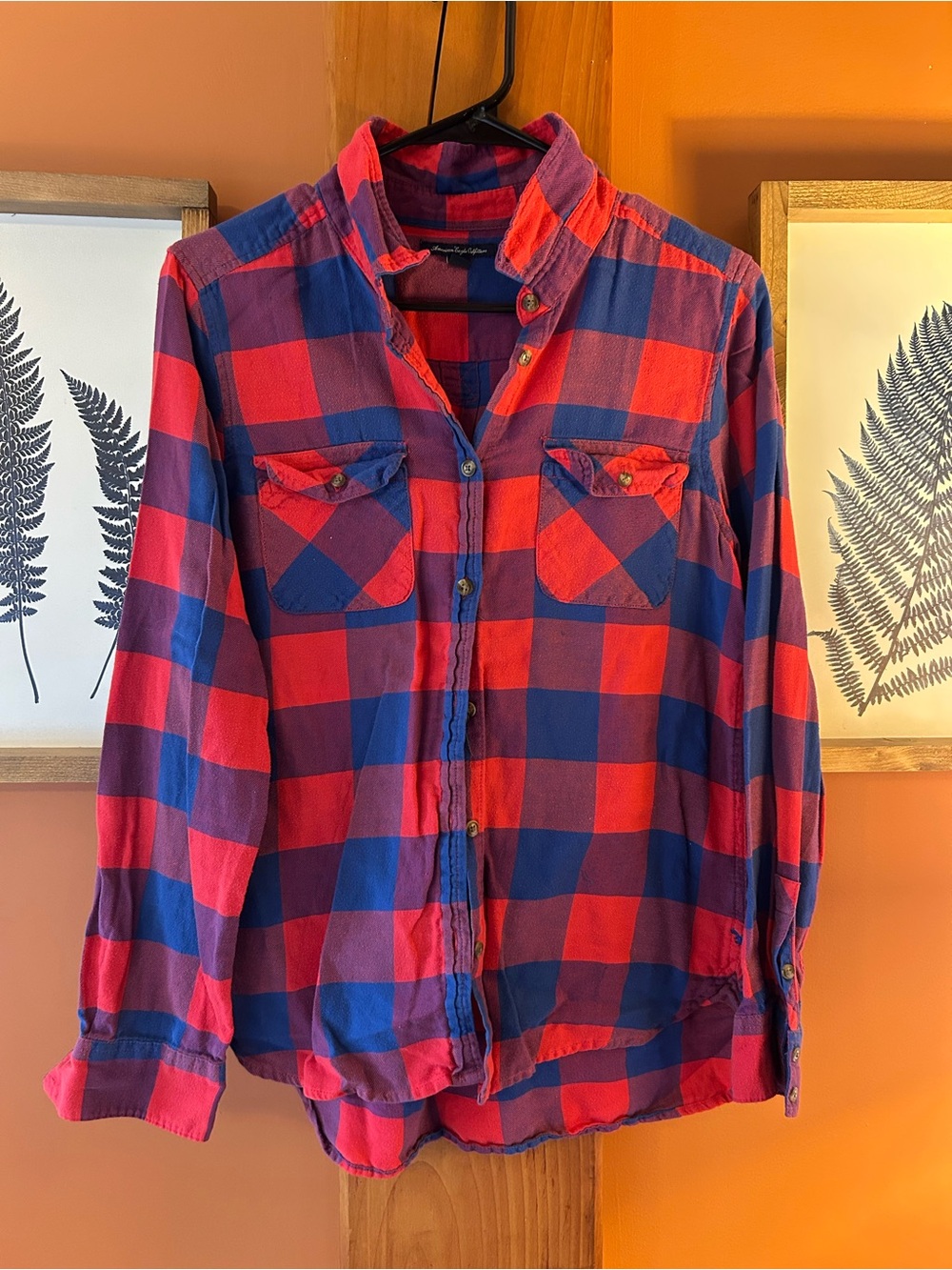 Women’s Plaid Button-Up Shirt in Red and Blue